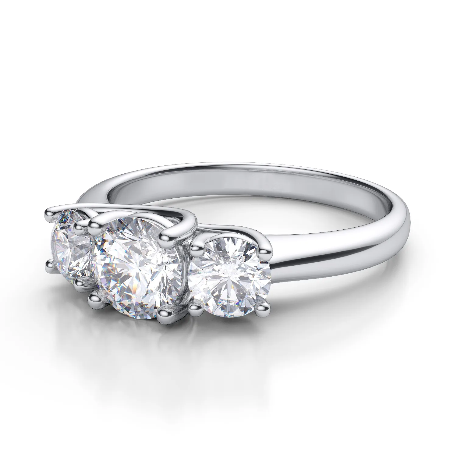 Handcrafted three-stone diamond ring on a clean, pale studio background